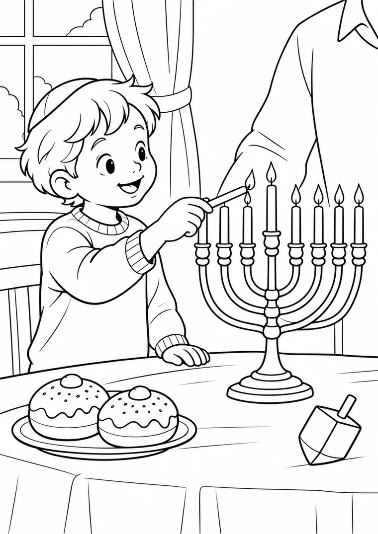 ילד מדליק חנוכייה לצביעה